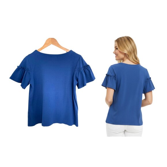 Halogen Shirt Women Medium Royal Blue Ruffle Sleeve Top Stretch HA373824MI - Picture 2 of 12